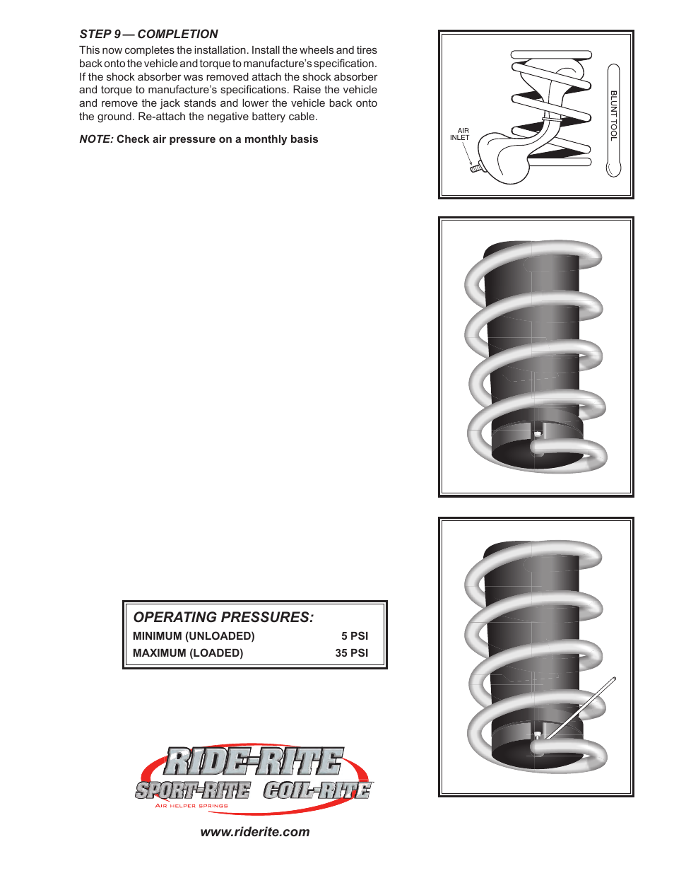 Operating pressures | Rite-Ride 4196 User Manual | Page 3 / 3