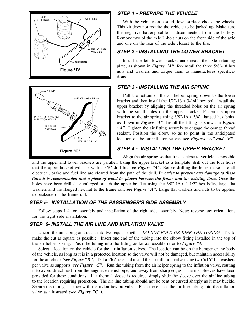 Step 1 - prepare the vehicle, Step 2 - installing the lower bracket, Step 3 - installing the air spring | Step 4 - installing the upper bracket, Step 6- install the air line and inflation valve | Rite-Ride 2347 User Manual | Page 3 / 12