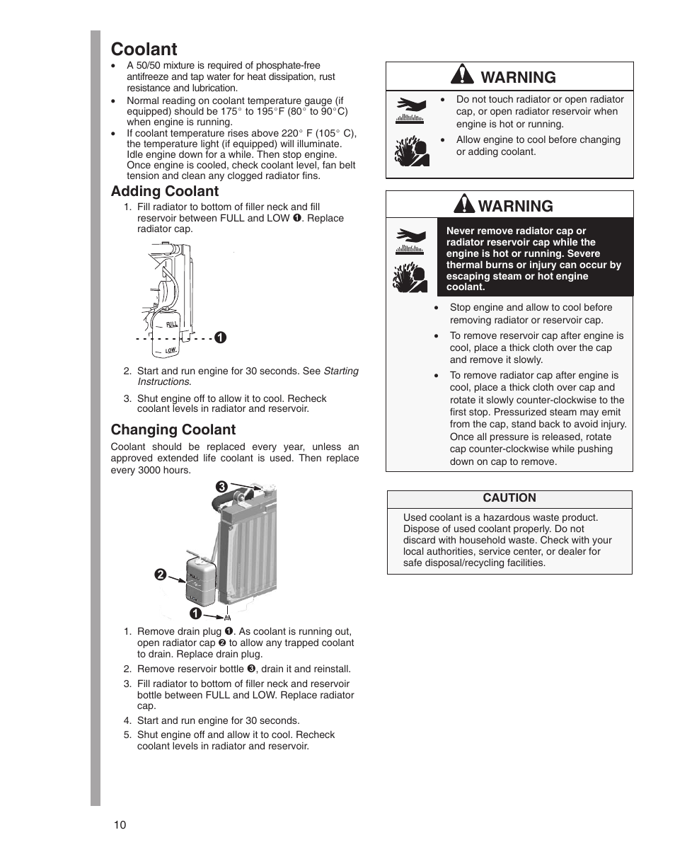 Coolant, Мл к, Warning | Adding coolant, Changing coolant | Briggs & Stratton 470000 User Manual | Page 10 / 20