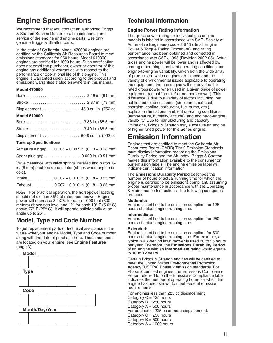 Engine specifications, Emission information, Model, type and code number | Technical information | Briggs & Stratton 470000 User Manual | Page 11 / 20