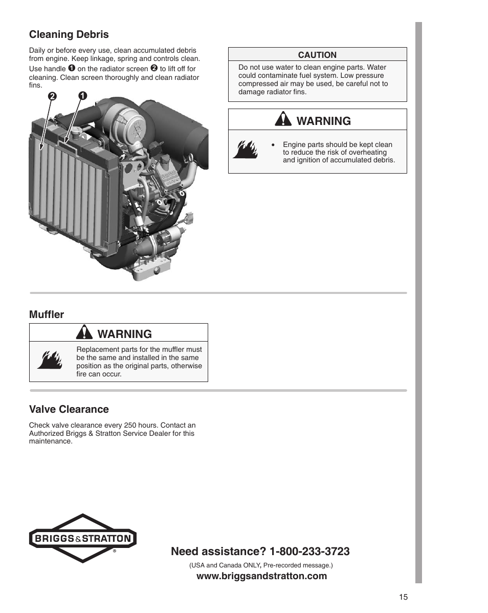 Warning, Cleaning debris, Muffler | Valve clearance | Briggs & Stratton 470000 User Manual | Page 15 / 20