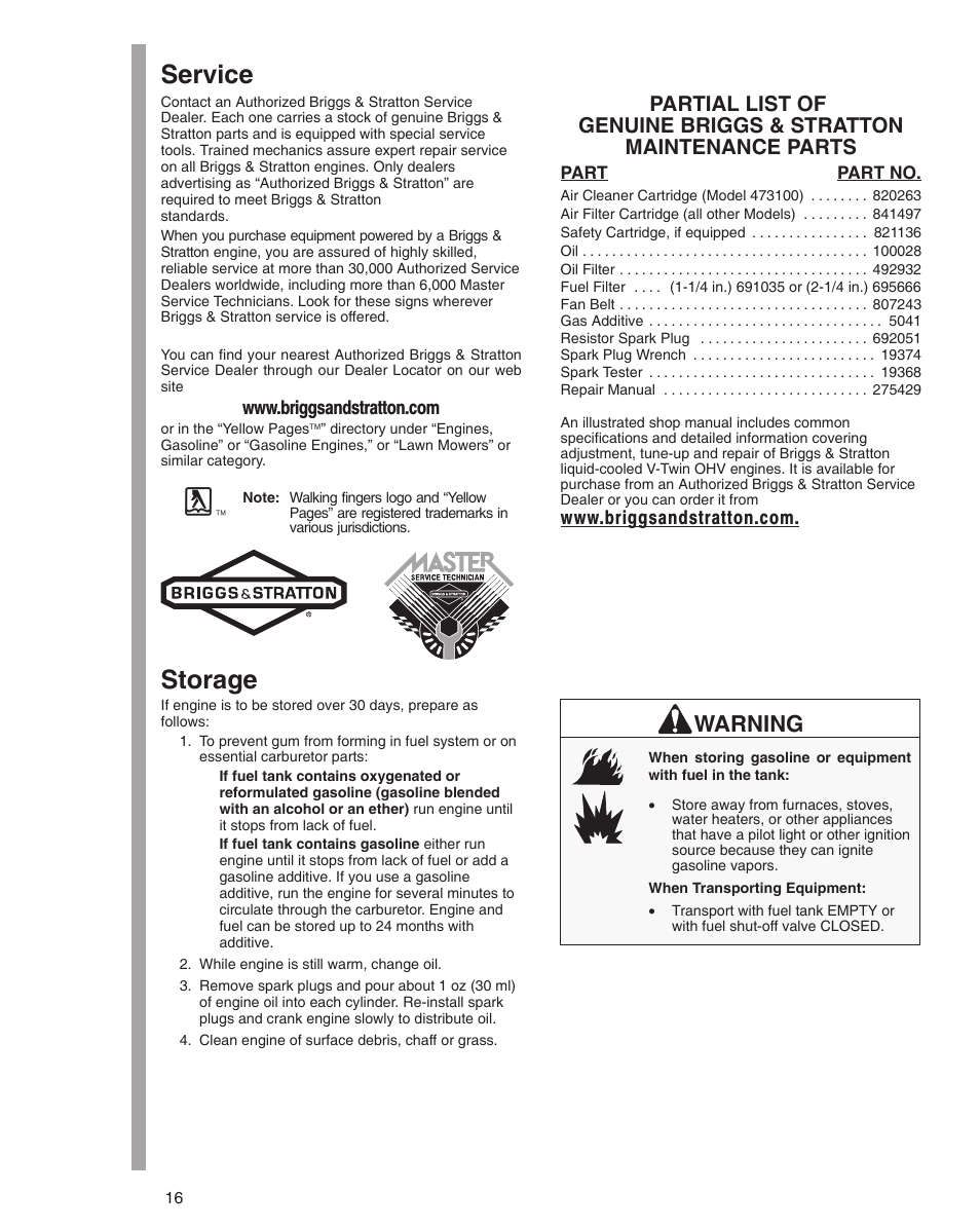 Service, Storage, Warning | Briggs & Stratton 470000 User Manual | Page 16 / 20