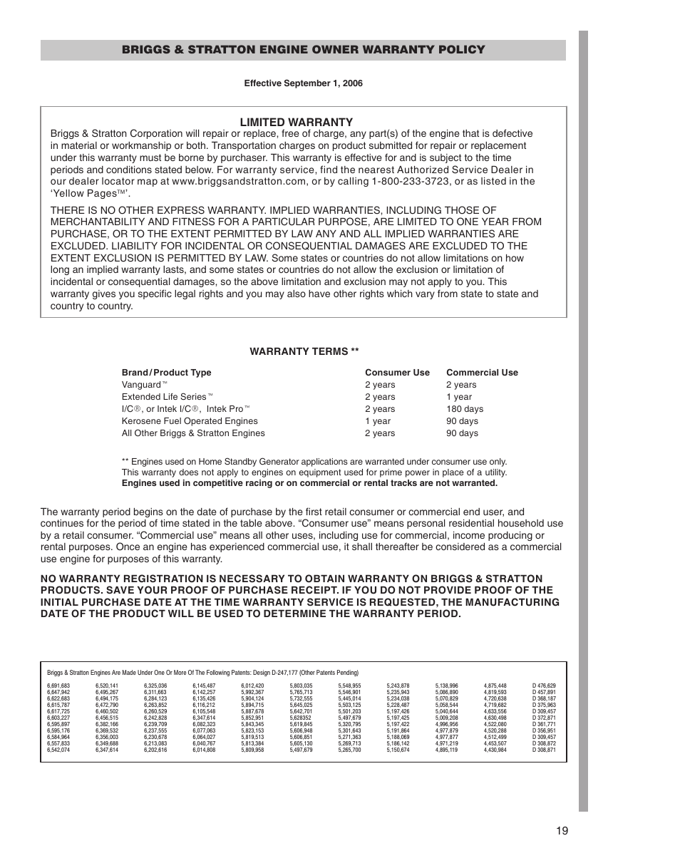 19 limited warranty, Briggs & stratton engine owner warranty policy, Warranty terms | Briggs & Stratton 470000 User Manual | Page 19 / 20