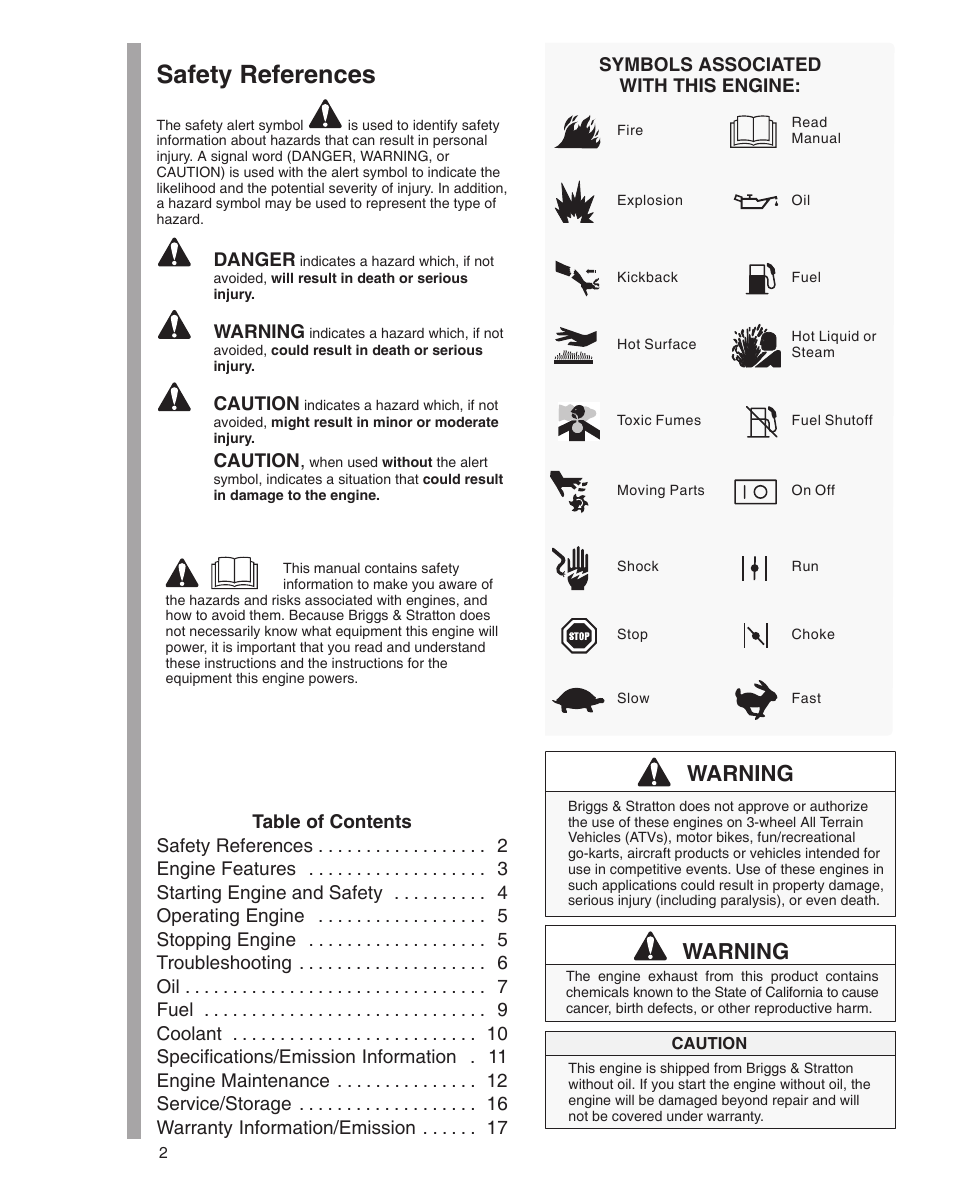 Safety references, Warning | Briggs & Stratton 470000 User Manual | Page 2 / 20