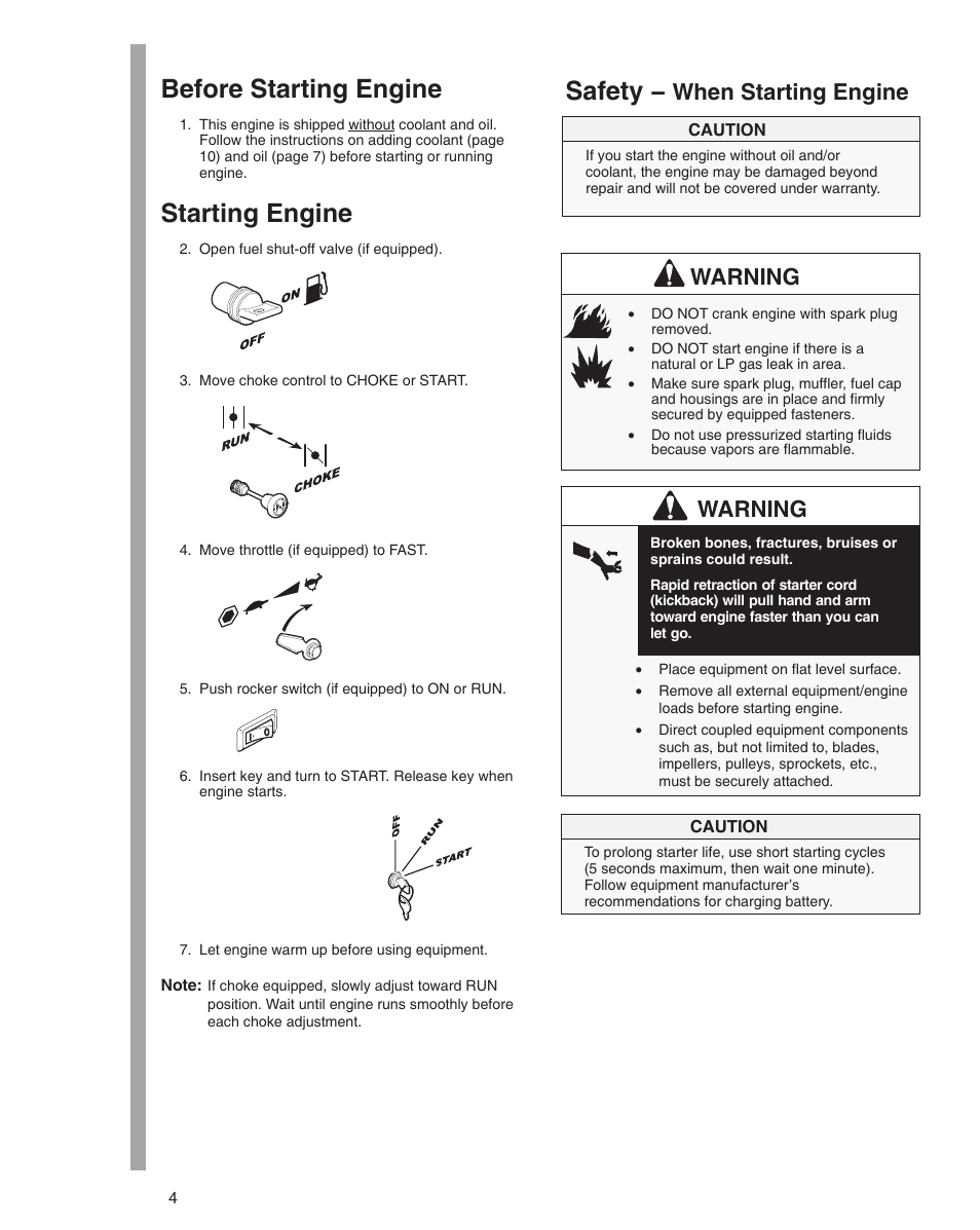 Before starting engine, Starting engine, Safety | Warning, When starting engine | Briggs & Stratton 470000 User Manual | Page 4 / 20