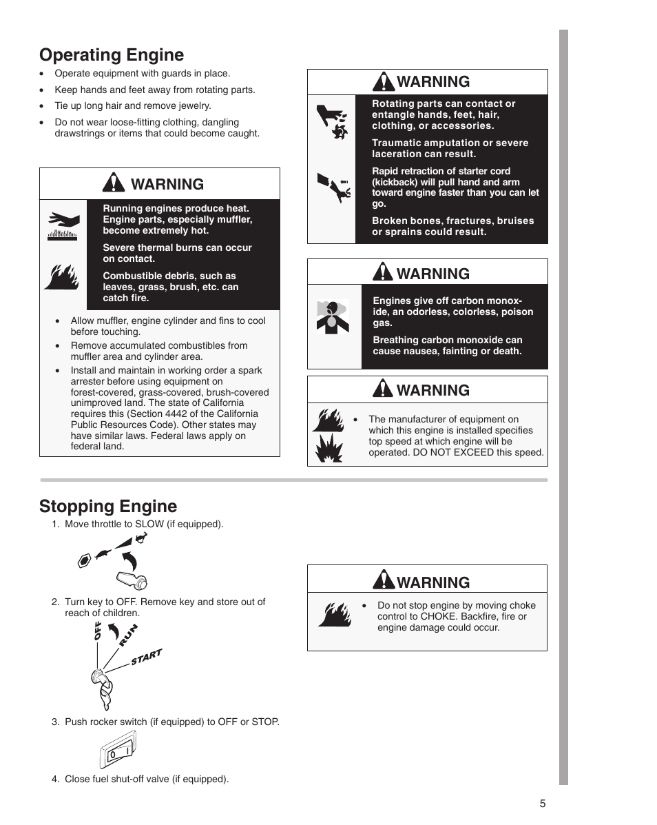 Operating engine, Stopping engine, Warning | Briggs & Stratton 470000 User Manual | Page 5 / 20