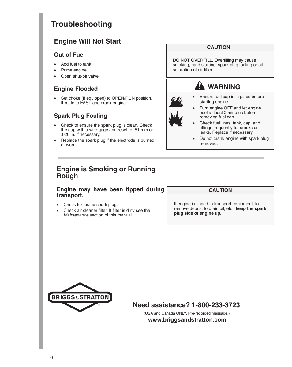 Troubleshooting, Engine will not start, Warning | Engine is smoking or running rough | Briggs & Stratton 470000 User Manual | Page 6 / 20