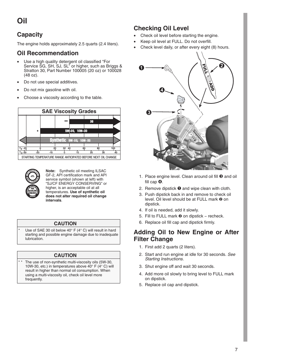 Мн л к, Capacity, Oil recommendation | Checking oil level, Adding oil to new engine or after filter change, Sae viscosity grades, Caution | Briggs & Stratton 470000 User Manual | Page 7 / 20