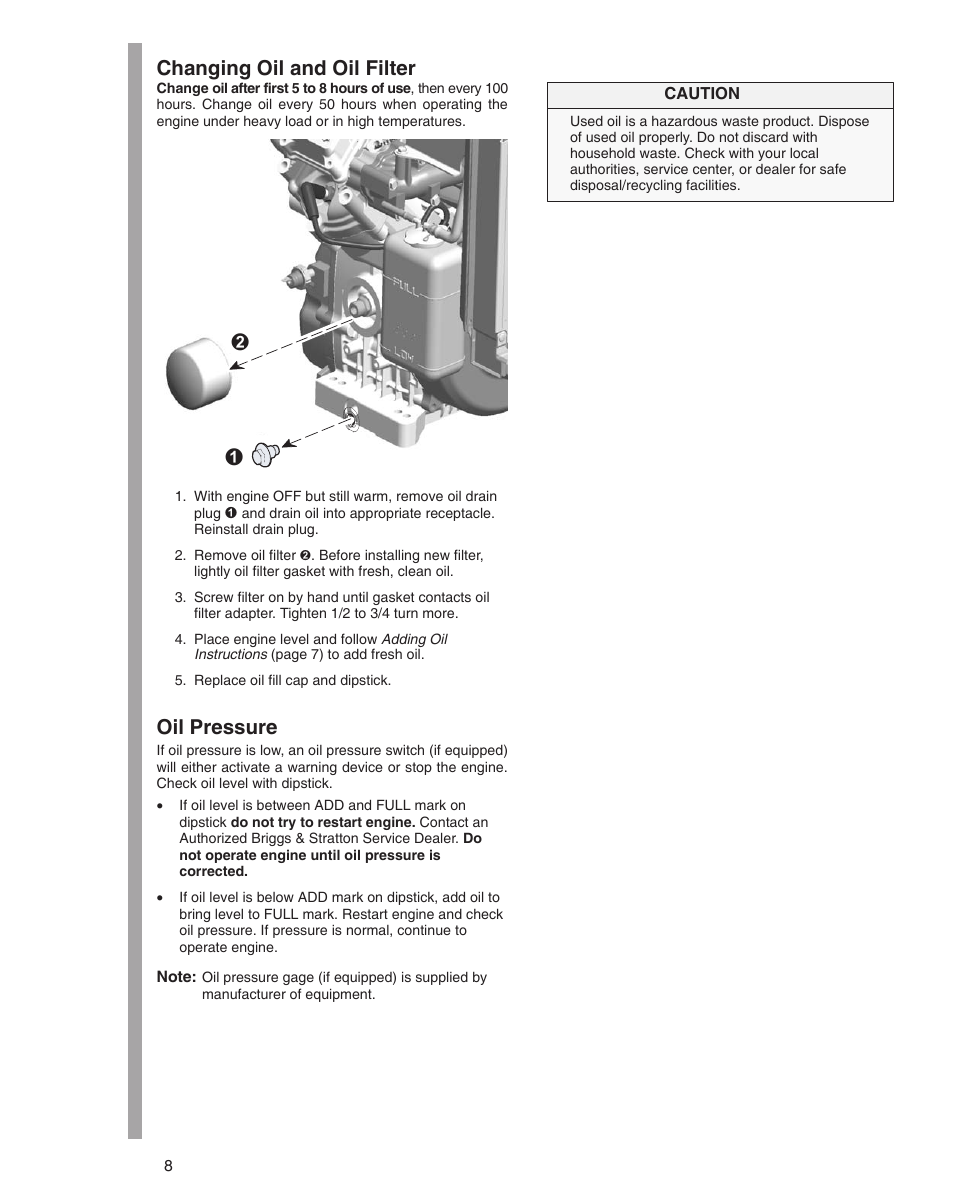 Changing oil and oil filter, Oil pressure | Briggs & Stratton 470000 User Manual | Page 8 / 20