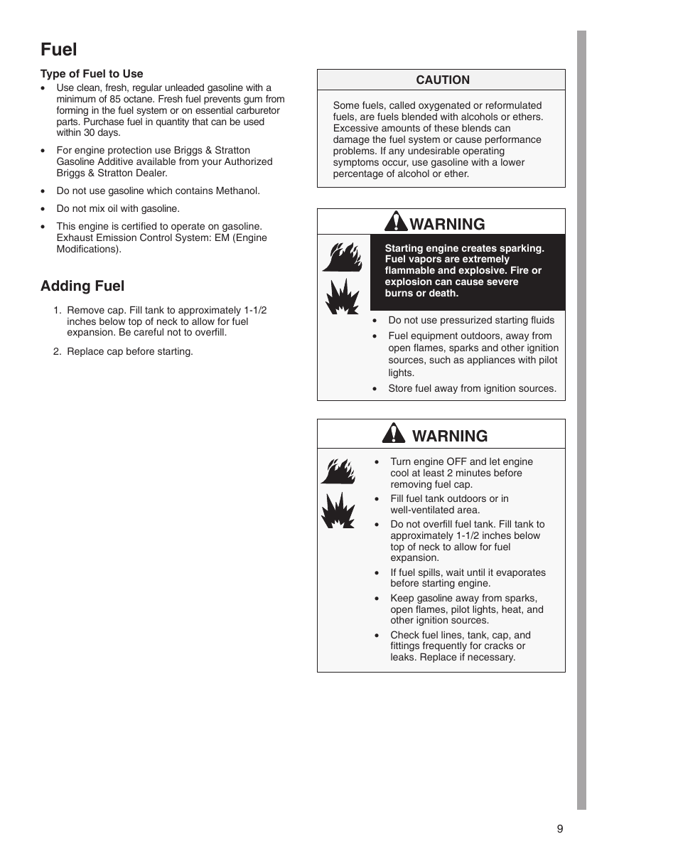 Fuel, Warning, Adding fuel | Briggs & Stratton 470000 User Manual | Page 9 / 20
