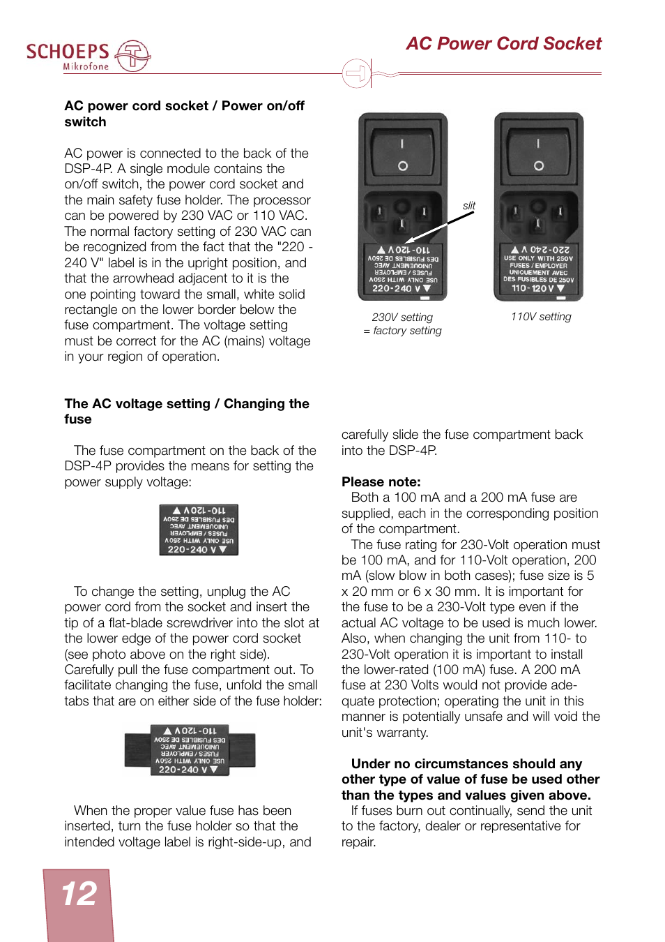 Ac power cord socket | SCHOEPS KFM 360 User Manual | Page 12 / 20