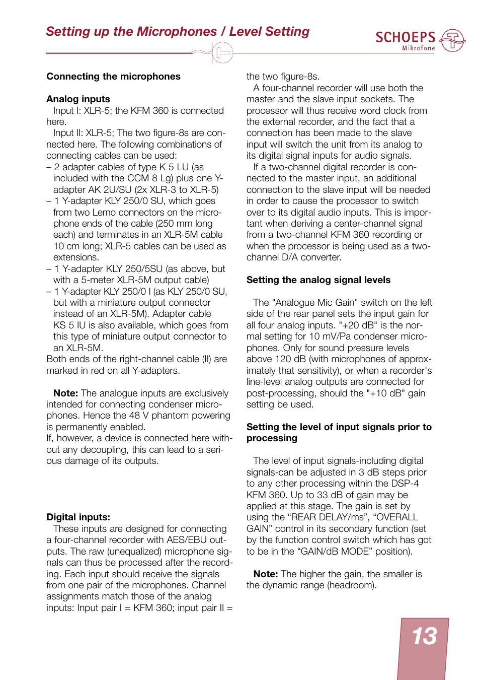 Setting up the microphones / level setting | SCHOEPS KFM 360 User Manual | Page 13 / 20