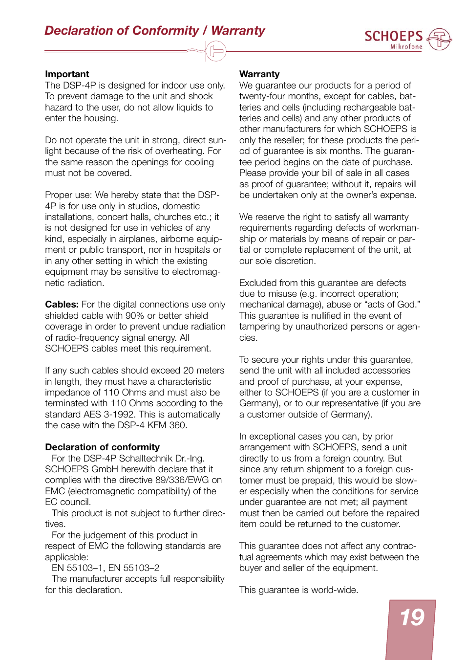 Declaration of conformity / warranty | SCHOEPS KFM 360 User Manual | Page 19 / 20