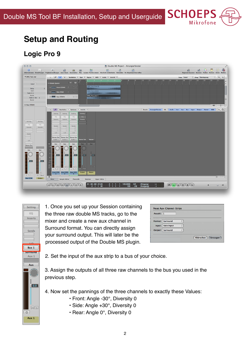 Setup and routing, Logic pro 9, Double ms plugin installation, setup and userguide | SCHOEPS Double MS Tool BF (2012) User Manual | Page 2 / 9