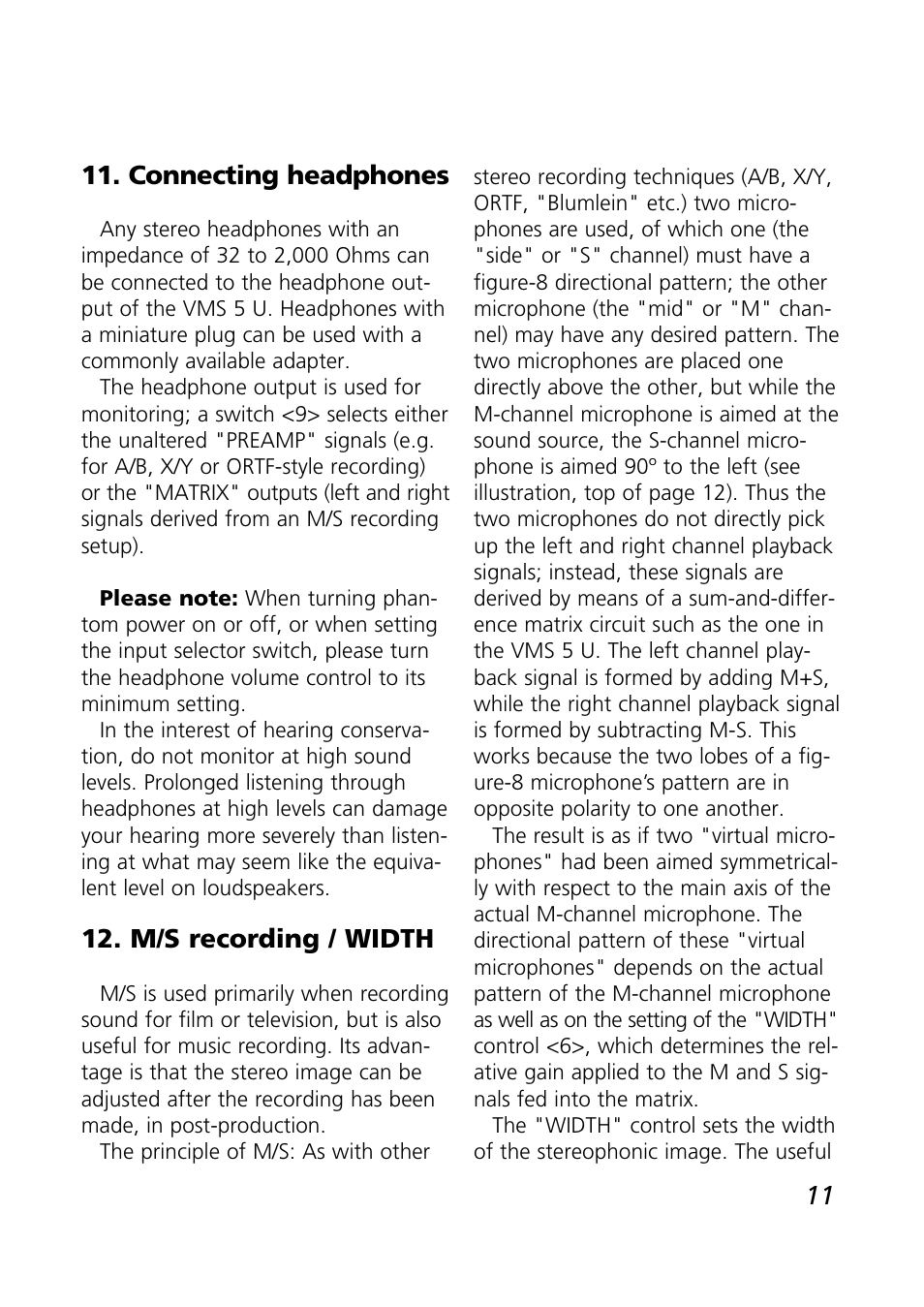11 11. connecting headphones, M/s recording / width | SCHOEPS VMS 5 U User Manual | Page 11 / 24