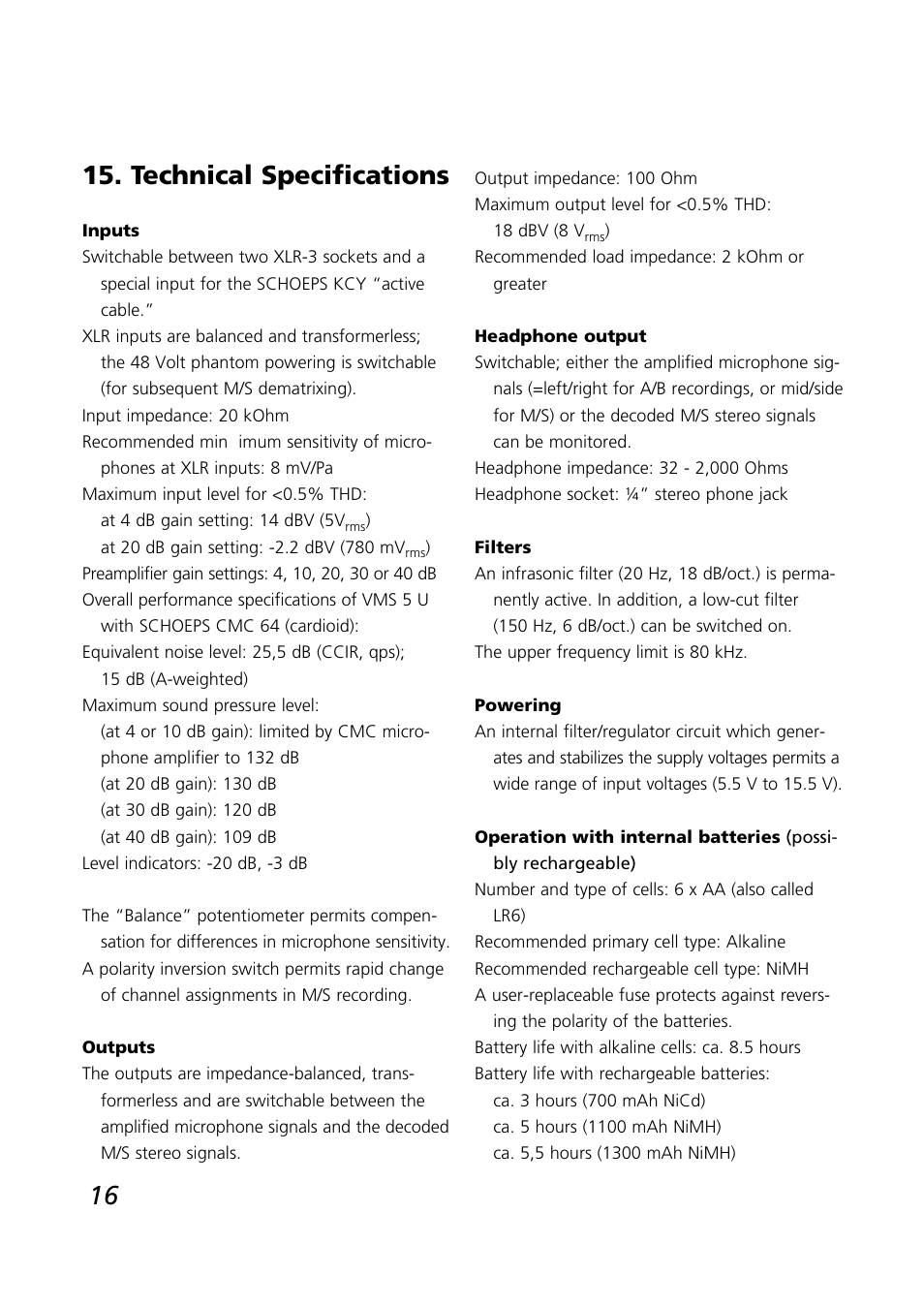 16 15. technical specifications | SCHOEPS VMS 5 U User Manual | Page 16 / 24