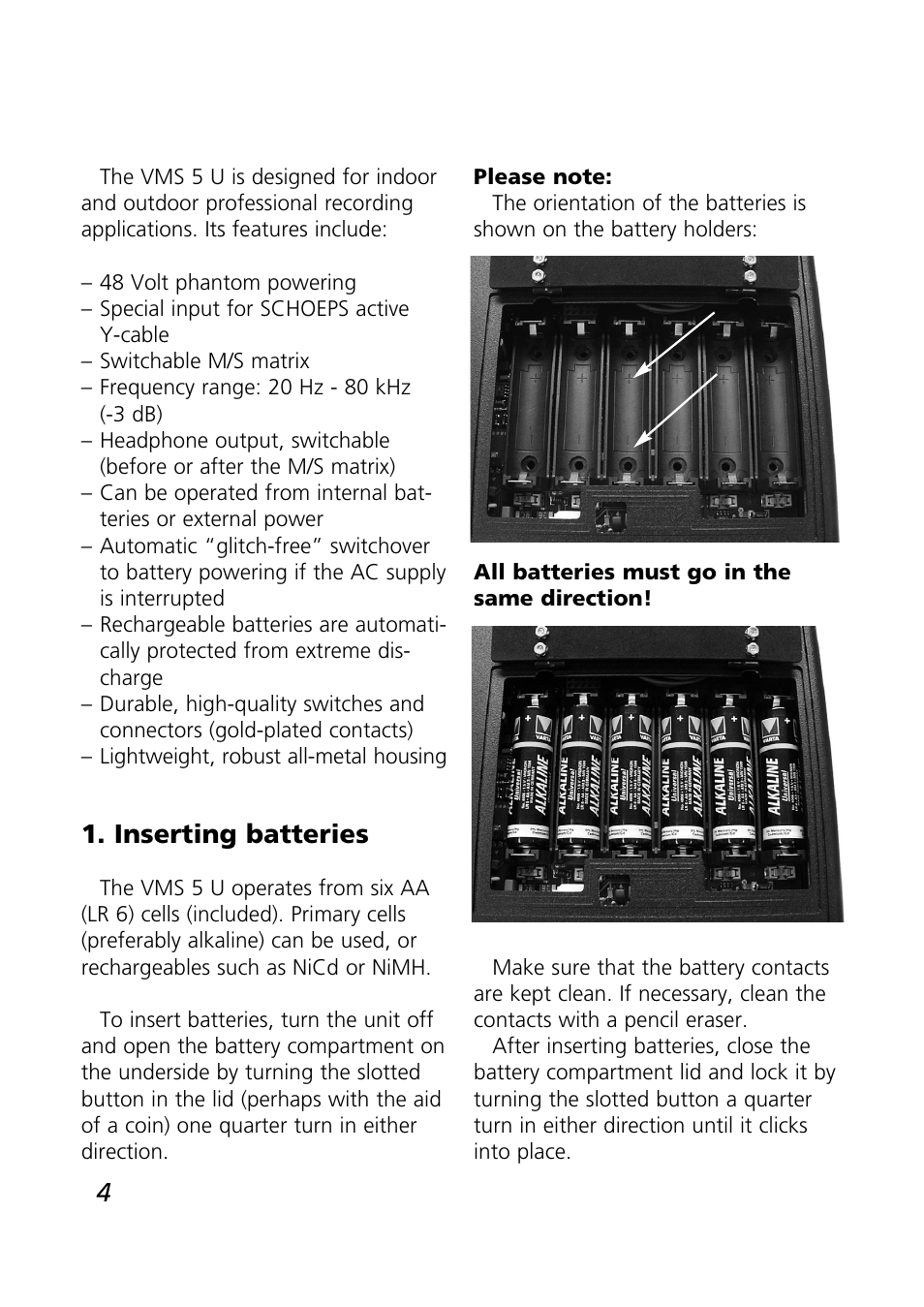 Inserting batteries | SCHOEPS VMS 5 U User Manual | Page 4 / 24