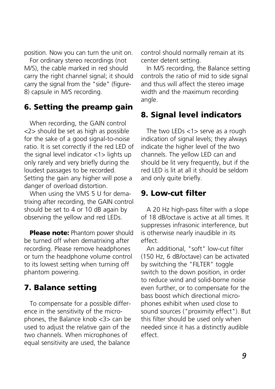 Signal level indicators, Low-cut filter, Setting the preamp gain | Balance setting | SCHOEPS VMS 5 U User Manual | Page 9 / 24
