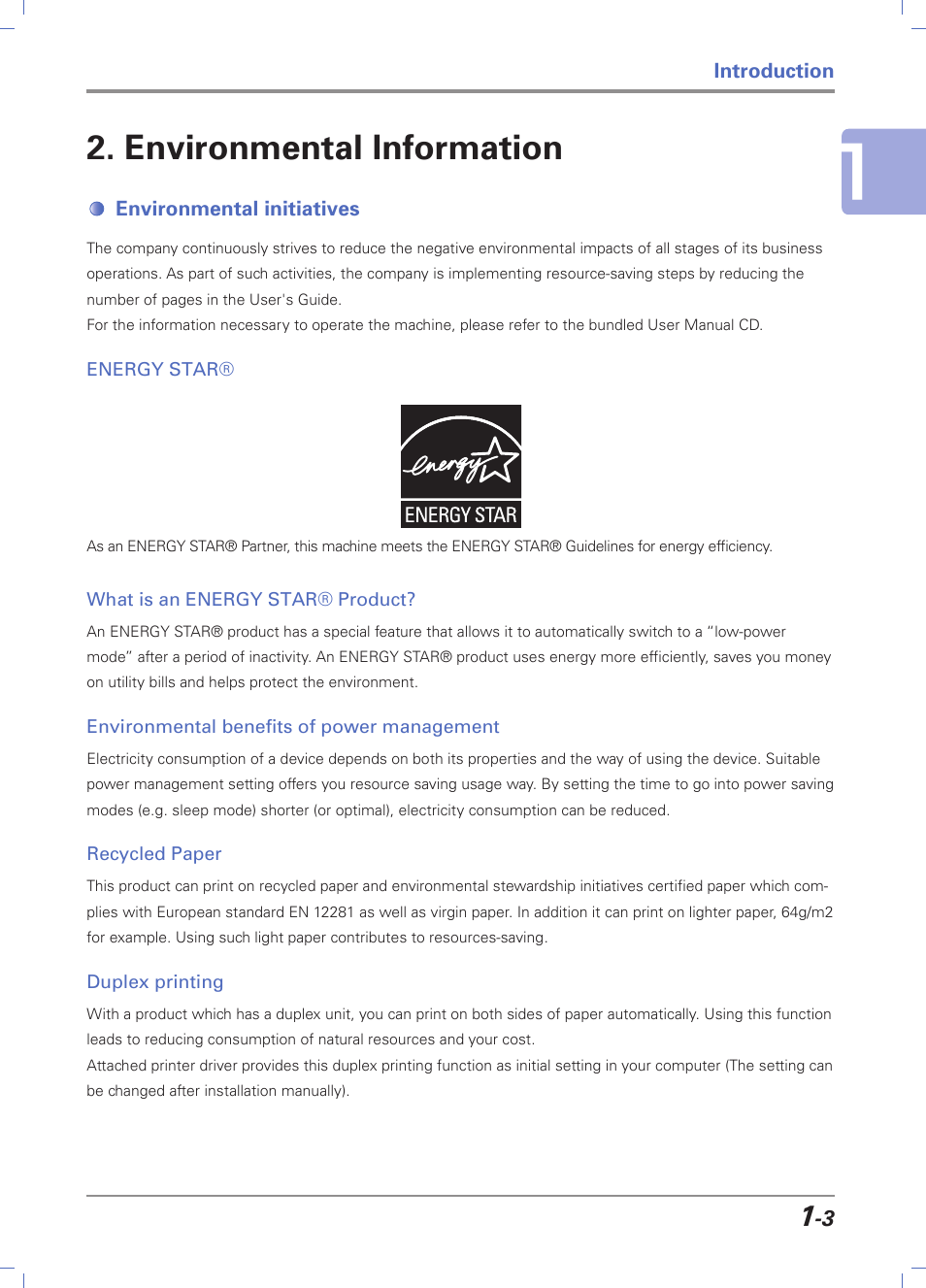 Environmental information, Environmental initiatives, Energy star | What is an energy star® product, Environmental benefits of power management, Recycled paper, Duplex printing, Environmental information -3, Environmental initiatives -3, Energy star® -3 | Sindoh D202 User Manual | Page 13 / 94