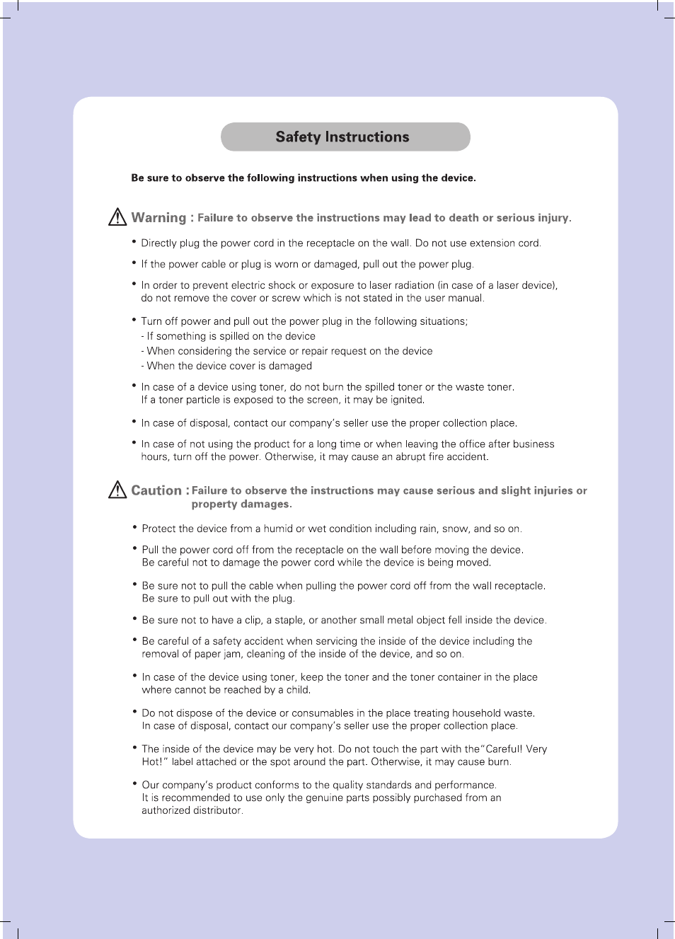 Safety instructions | Sindoh D202 User Manual | Page 2 / 94