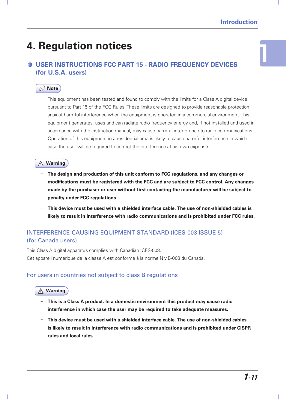 Regulation notices, Regulation notices -11, For u.s.a. users) -11 | For canada users) -11 | Sindoh D202 User Manual | Page 21 / 94