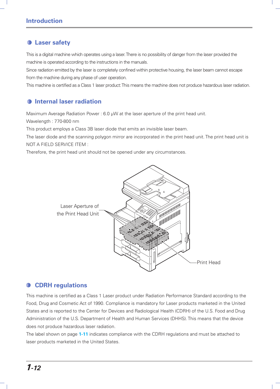 Laser safety, Internal laser radiation, Cdrh regulations | Laser safety -12, Internal laser radiation -12, Cdrh regulations -12 | Sindoh D202 User Manual | Page 22 / 94