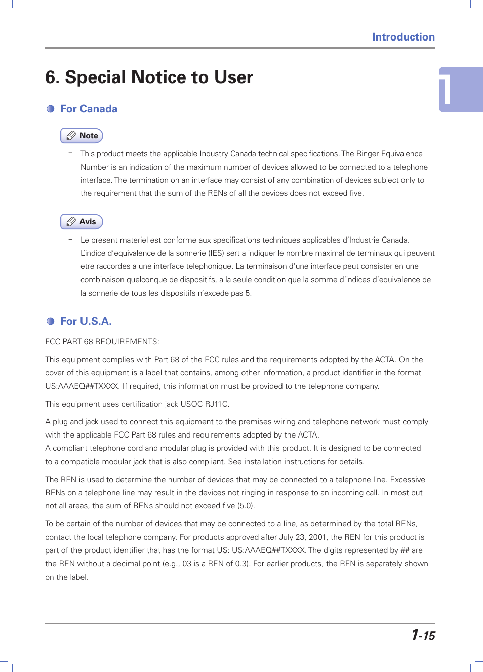 Special notice to user, For canada, For u.s.a | Special notice to user -15, For canada -15, For u.s.a -15 | Sindoh D202 User Manual | Page 25 / 94