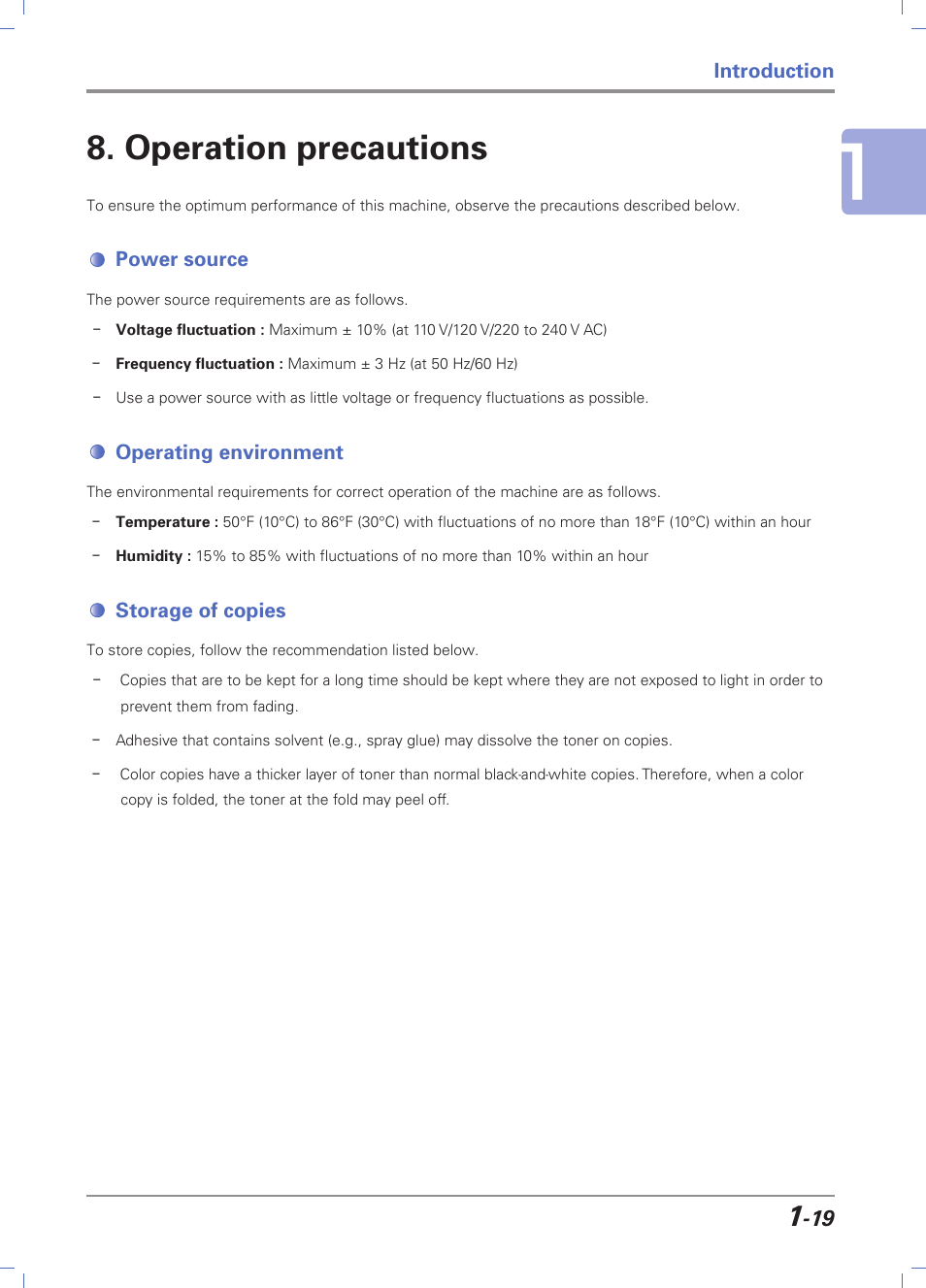 Operation precautions, Power source, Operating environment | Storage of copies, Operation precautions -19, Power source -19, Operating environment -19, Storage of copies -19 | Sindoh D202 User Manual | Page 29 / 94