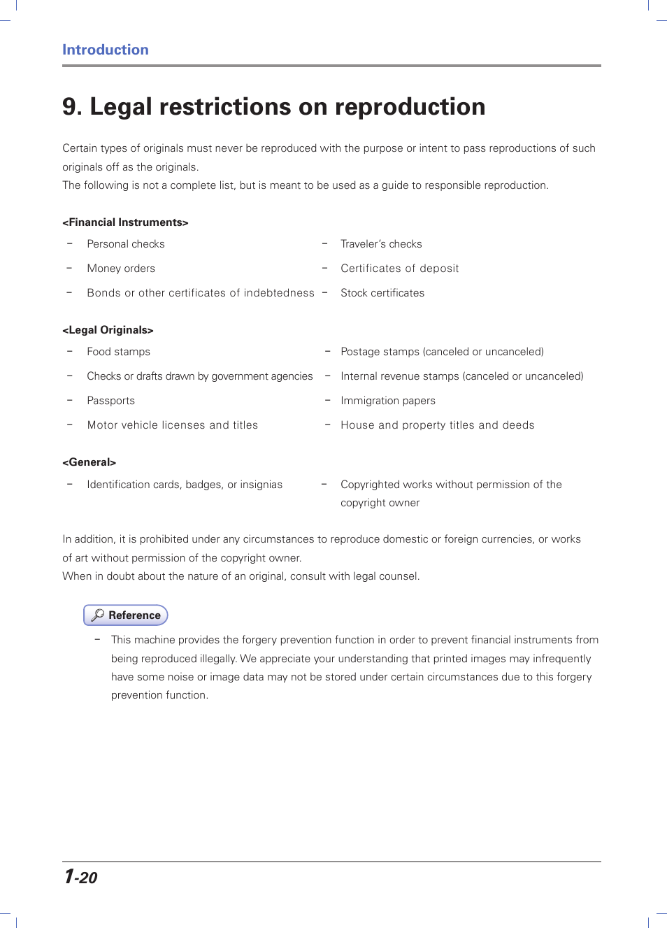 Legal restrictions on reproduction, Legal restrictions on reproduction -20, Introduction | Sindoh D202 User Manual | Page 30 / 94