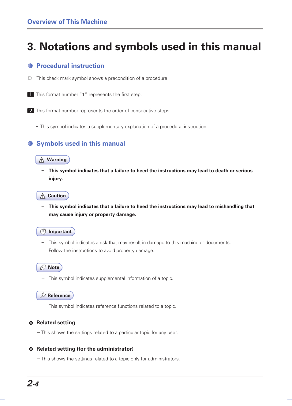 Notations and symbols used in this manual, Procedural instruction, Symbols used in this manual | Notations and symbols used in this manual -4, Procedural instruction -4, Symbols used in this manual -4, Overview of this machine | Sindoh D202 User Manual | Page 34 / 94