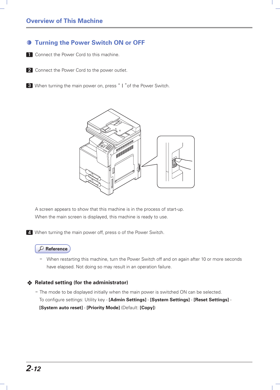 Turning the power switch on or off, Turning the power switch on or off -12, Overview of this machine | Sindoh D202 User Manual | Page 42 / 94