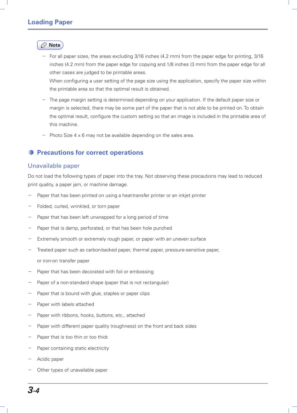 Precautions for correct operations, Unavailable paper, Precautions for correct operations -4 | Unavailable paper -4, Loading paper | Sindoh D202 User Manual | Page 54 / 94