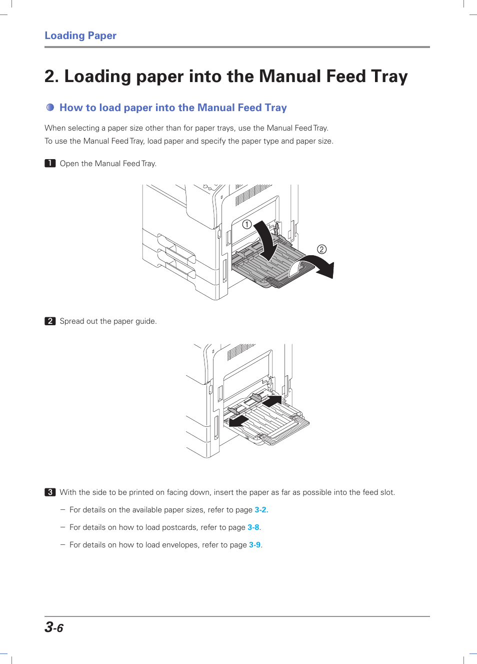 Loading paper into the manual feed tray, How to load paper into the manual feed tray, Loading paper into the manual feed tray -6 | How to load paper into the manual feed tray -6, Loading paper | Sindoh D202 User Manual | Page 56 / 94