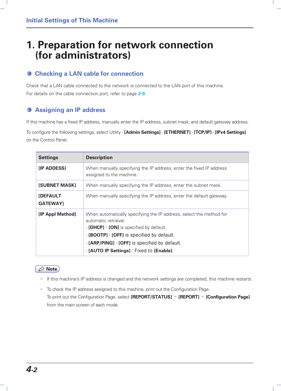 Checking a lan cable for connection, Assigning an ip address, Checking a lan cable for connection -2 | Assigning an ip address -2, Initial settings of this machine | Sindoh D202 User Manual | Page 64 / 94