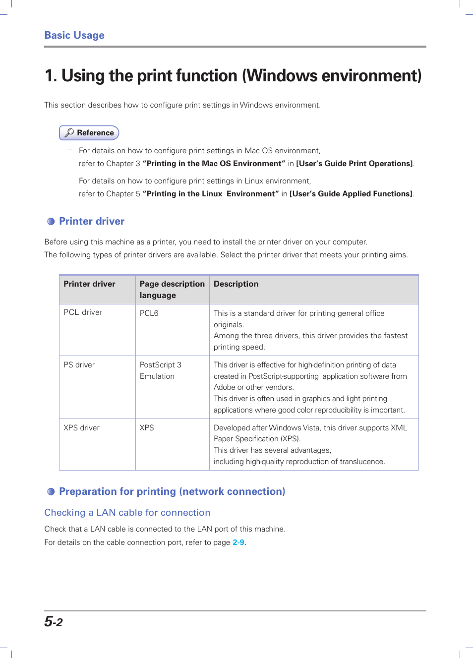 Using the print function (windows environment), Printer driver, Preparation for printing (network connection) | Checking a lan cable for connection, Using the print function (windows environment) -2, Printer driver -2, Preparation for printing (network connection) -2, Checking a lan cable for connection -2, Basic usage | Sindoh D202 User Manual | Page 66 / 94