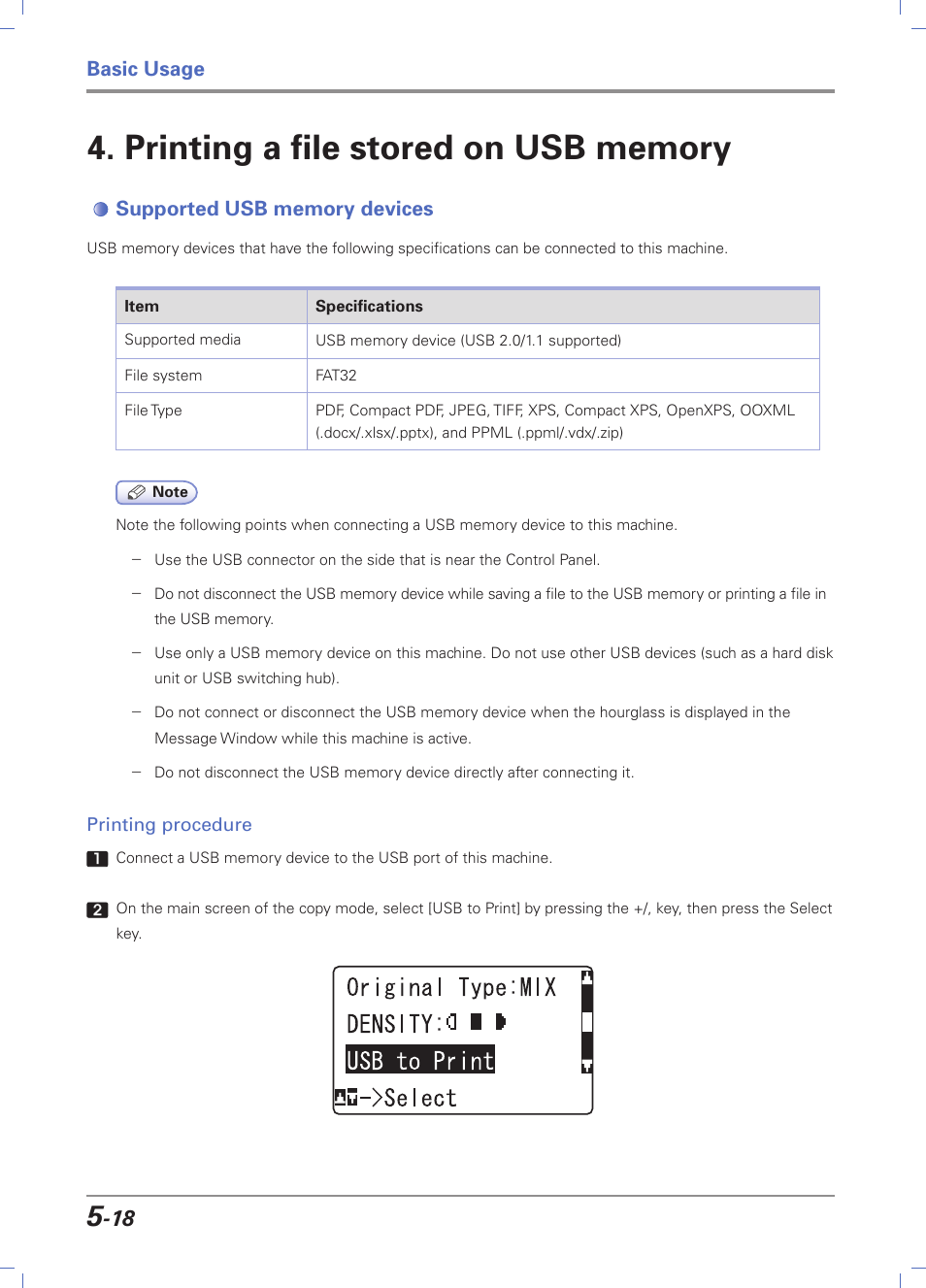 Printing a file stored on usb memory, Supported usb memory devices, Printing procedure | Printing a file stored on usb memory -18, Supported usb memory devices -18, Printing procedure -18, Basic usage | Sindoh D202 User Manual | Page 82 / 94