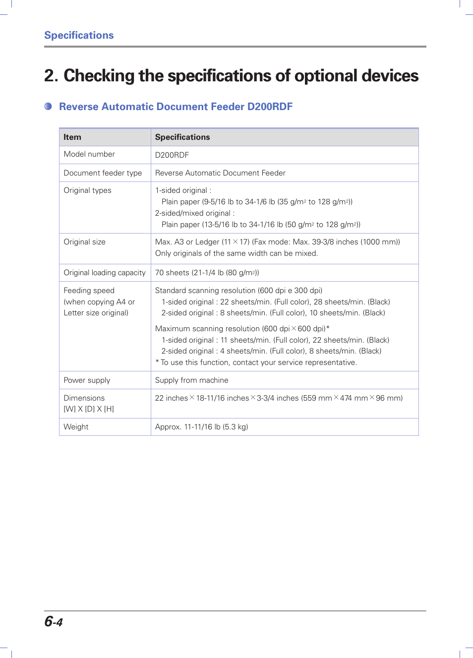 Checking the specifications of optional devices, Reverse automatic document feeder d200rdf, Checking the specifications of optional devices -4 | Reverse automatic document feeder d200rdf -4, Specifications | Sindoh D202 User Manual | Page 88 / 94