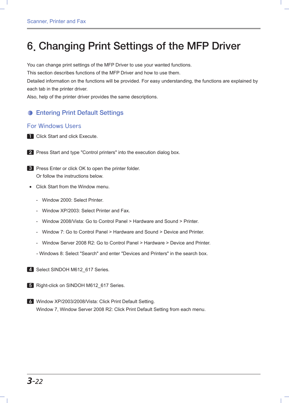 Changing print settings of the mfp driver, Entering print default settings, For windows users | Changing print settings of the mfp driver -22, Entering print default settings -22, For windows users -22 | Sindoh M612 User Manual | Page 110 / 284