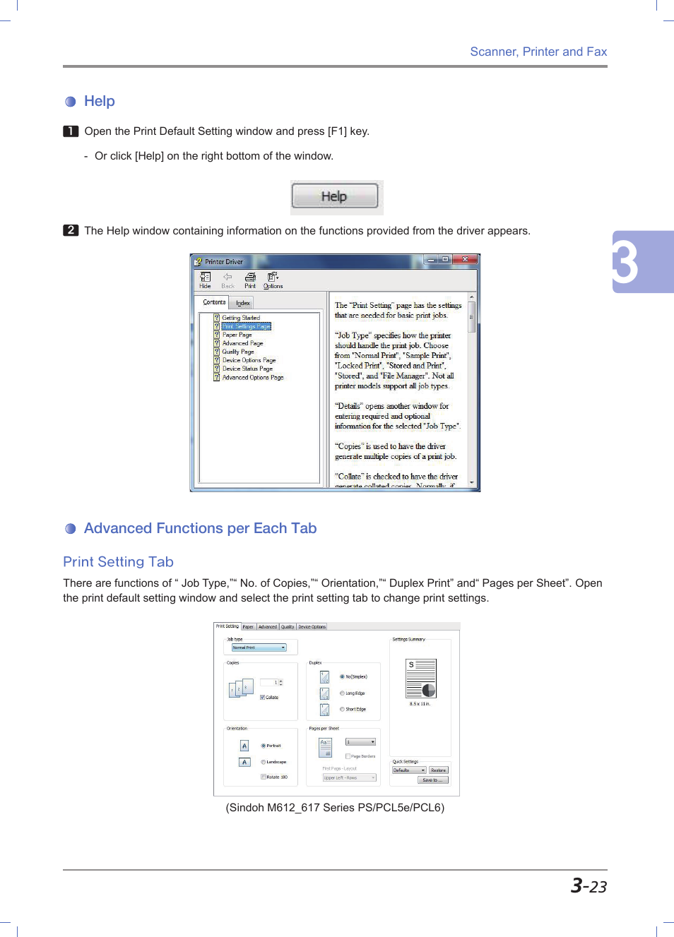 Help, Advanced functions per each tab, Print setting tab | Help -23, Advanced functions per each tab -23, Print setting tab -23 | Sindoh M612 User Manual | Page 111 / 284