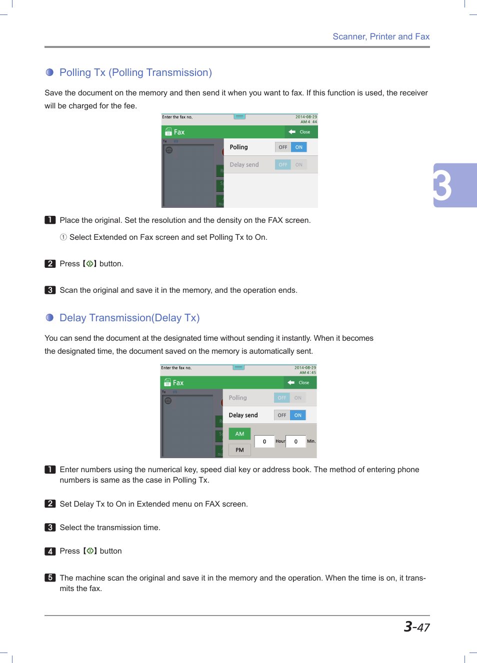 Polling tx (polling transmission), Delay transmission(delay tx), Polling tx (polling transmission) -47 | Delay transmission(delay tx) -47, A3 tx -48, On-hook dial -48 | Sindoh M612 User Manual | Page 135 / 284