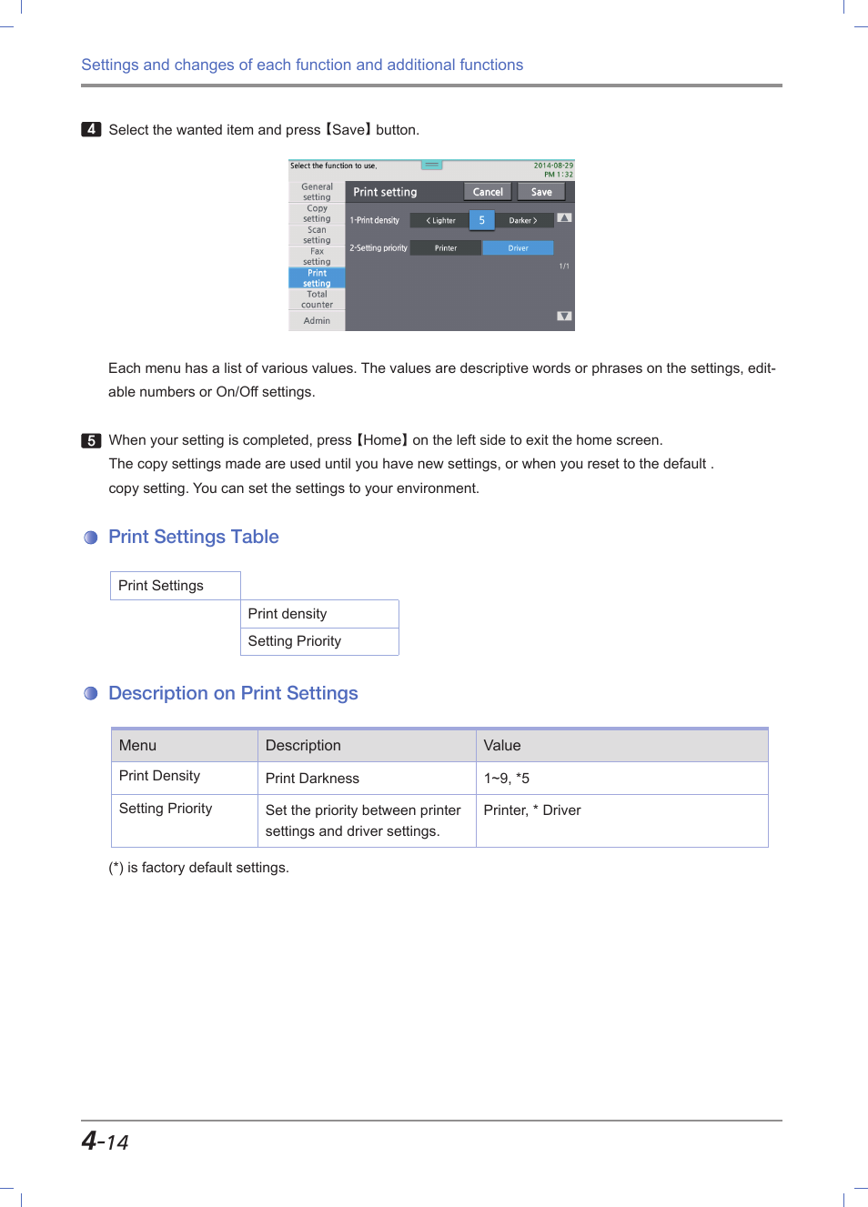 Print settings table, Description on print settings, Print settings table -14 | Description on print settings -14 | Sindoh M612 User Manual | Page 156 / 284