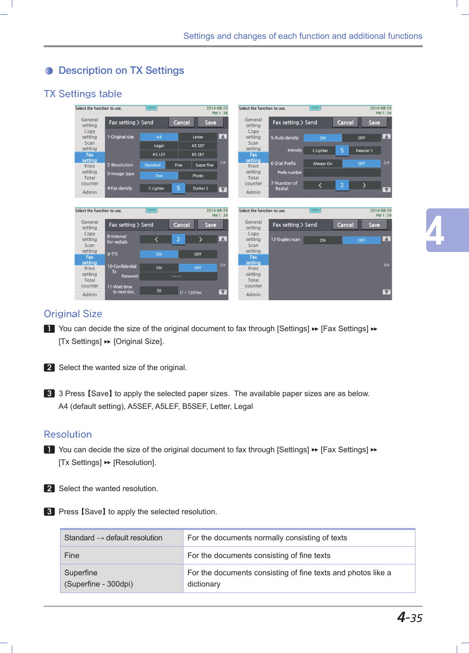 Description on tx settings, Tx settings table, Original size | Resolution, Description on tx settings -35, Tx settings table -35, Resolution -35 | Sindoh M612 User Manual | Page 177 / 284