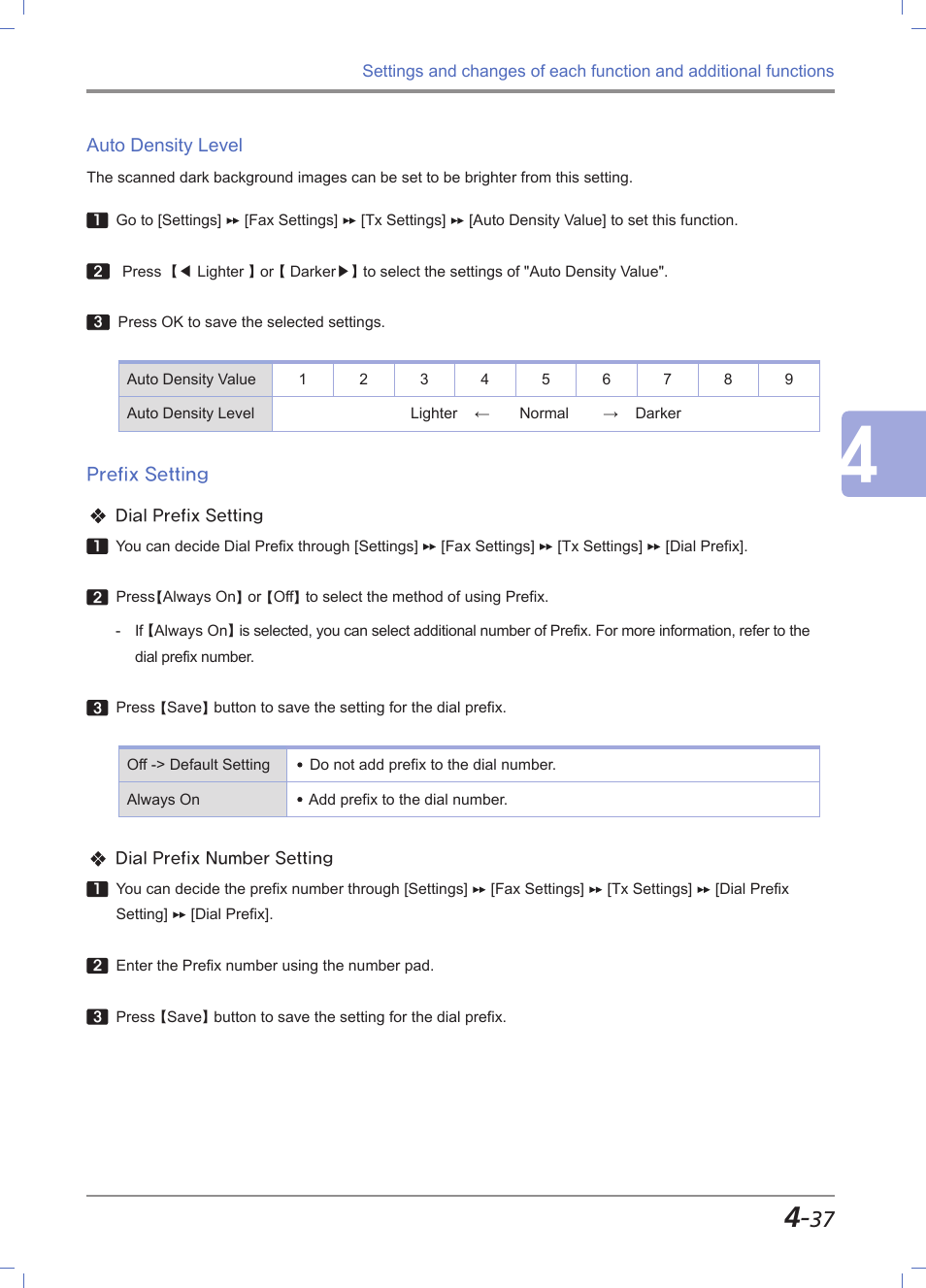 Auto density level, Prefix setting, Auto density level -37 | Prefix setting -37 | Sindoh M612 User Manual | Page 179 / 284