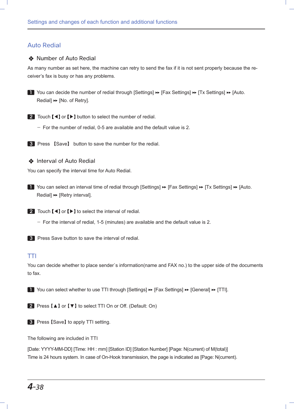 Auto redial, Auto redial -38, Tti -38 | Sindoh M612 User Manual | Page 180 / 284