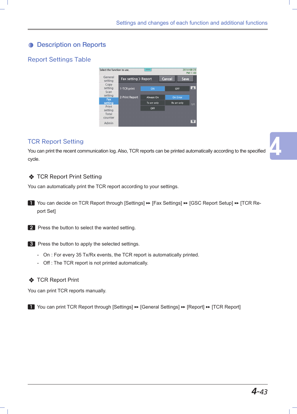 Description on reports, Report settings table, Tcr report setting | Description on reports -43, Reports settings table -43, Tcr report setting -43 | Sindoh M612 User Manual | Page 185 / 284