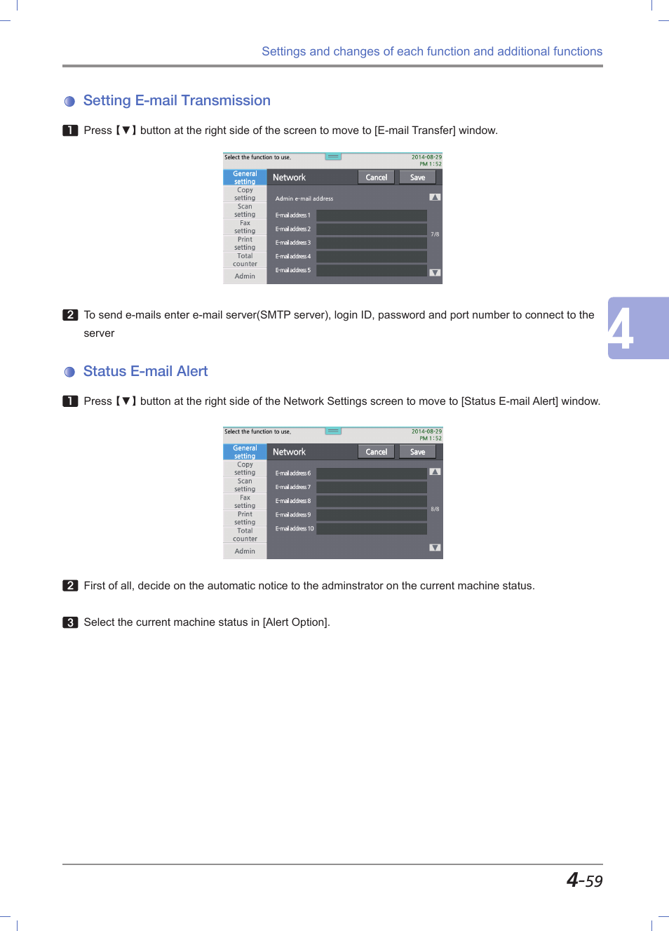Setting e-mail transmission, Status e-mail alert, Setting e-mail transmission -59 | Status e-mail alert -59 | Sindoh M612 User Manual | Page 201 / 284