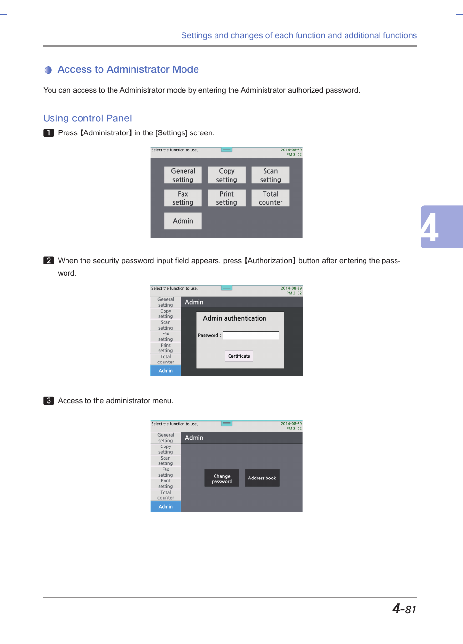 Access to administrator mode, Using control panel, Access to administrator mode -81 | Using control panel -81 | Sindoh M612 User Manual | Page 223 / 284