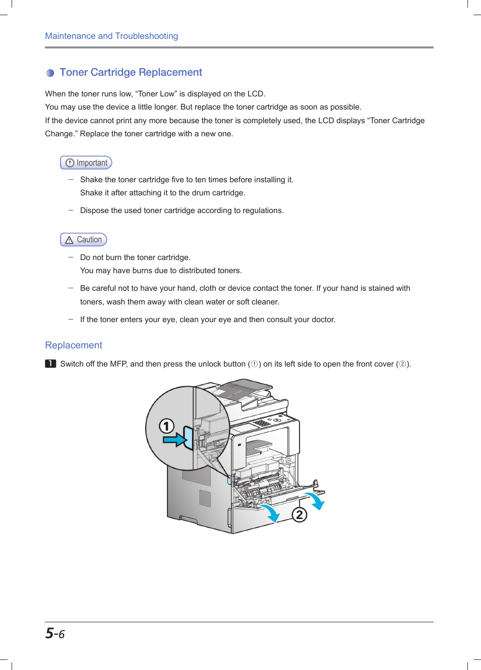 Toner cartridge replacement, Replacement, Toner cartridge replacement -6 | Replacement -6, Cartridge replacement」 (p. 5-6), For more information, see, Toner cartridge replacement」 (p. 5-6) | Sindoh M612 User Manual | Page 232 / 284