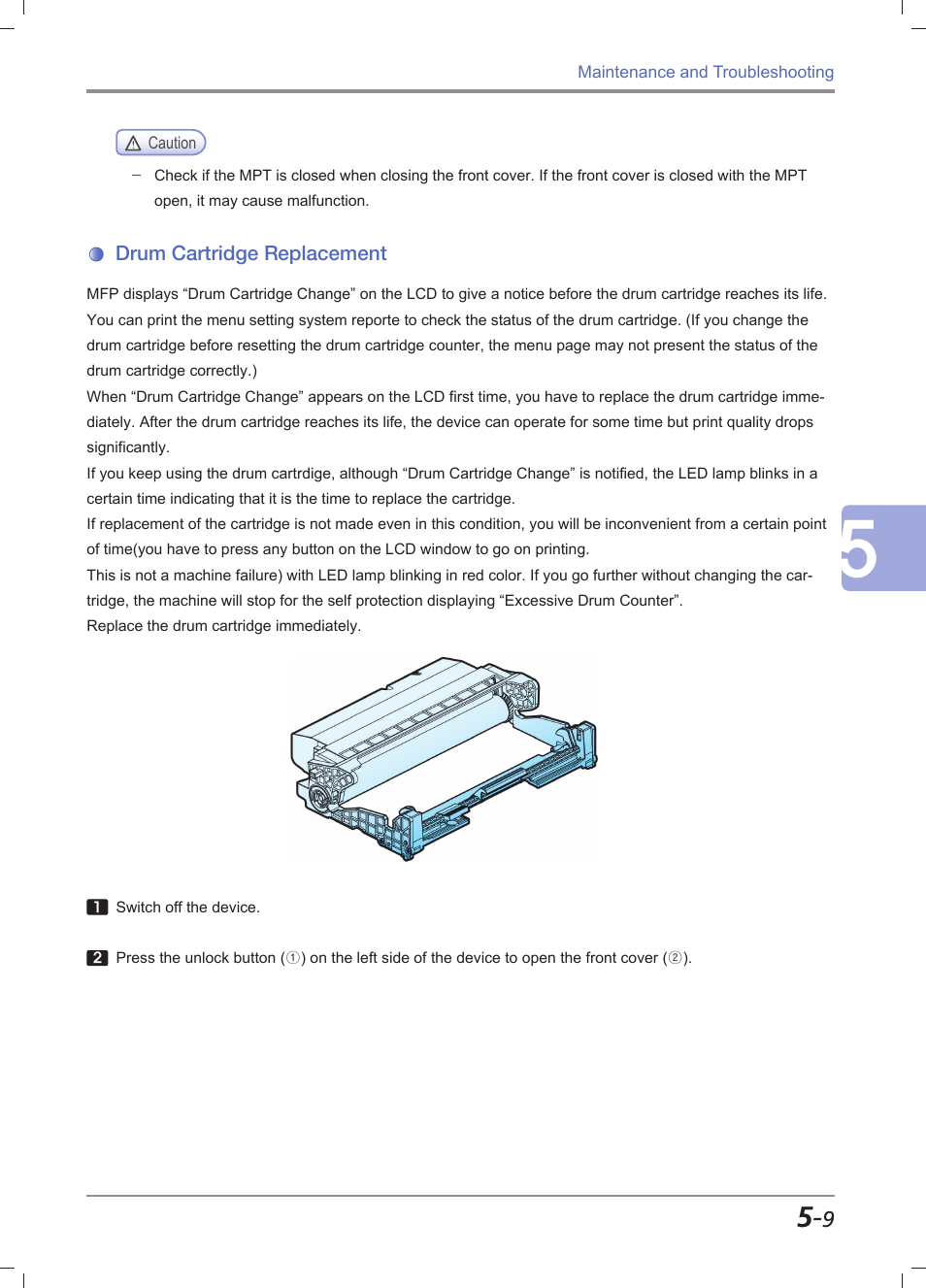 Drum cartridge replacement, Drum cartridge replacement -9, For more information, see | Drum cartridge replacement」 (p. 5-9) | Sindoh M612 User Manual | Page 235 / 284