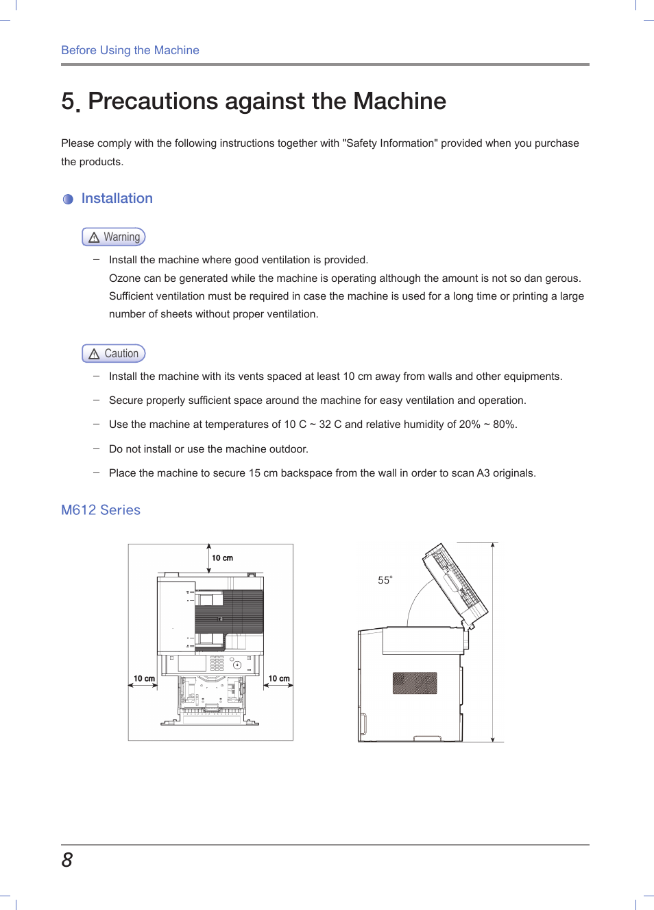 Precautions against the machine, Installation, M612 series | Sindoh M612 User Manual | Page 24 / 284